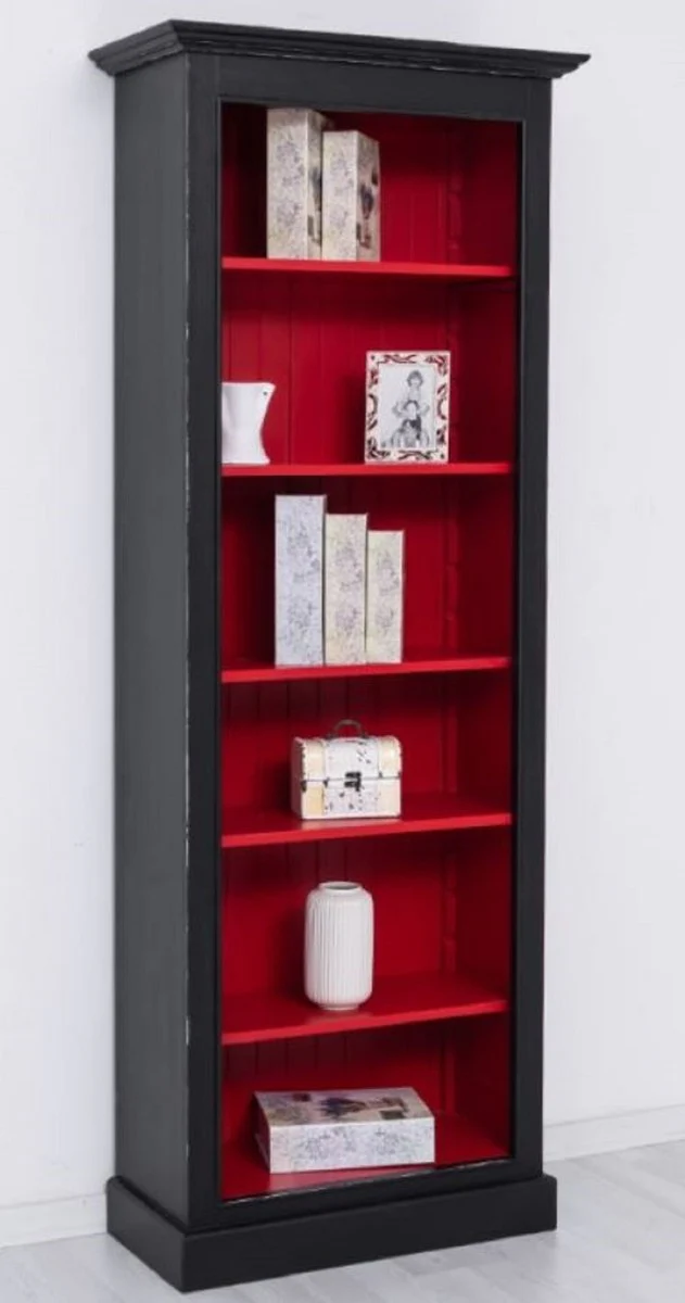 Landhausstil Massivholz Bücherschrank Schwarz / Rot H. 210 cm - Landhausstil Möbel