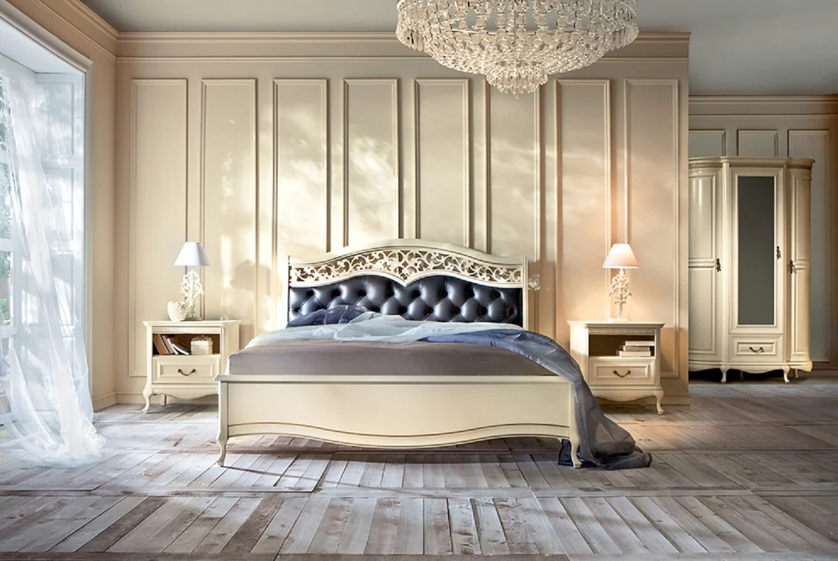 Luxus Jugendstil Nachtkommode Cremefarben 60 x 45,6 x H. 60,8 cm - Eleganter Massivholz Nachttisch mit Schublade - Barock & Jugendstil Schlafzimmer Möbel