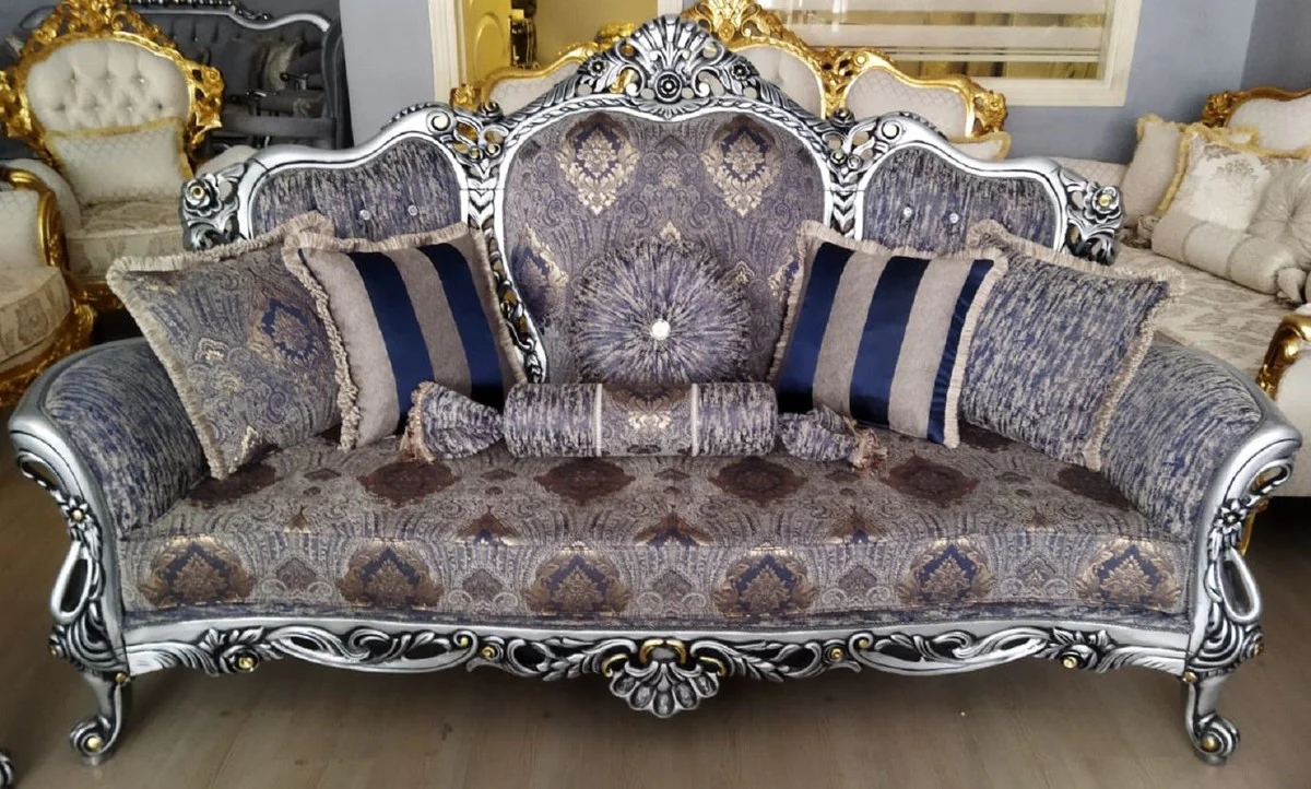 Luxus Barock Wohnzimmer Set Mehrfarbig / Silber / Schwarz / Gold - 2 Barock Sofas & 2 Barock Sessel & 1 Barock Couchtisch - Luxus Wohnzimmer Möbel im Barockstil - Barock Möbel