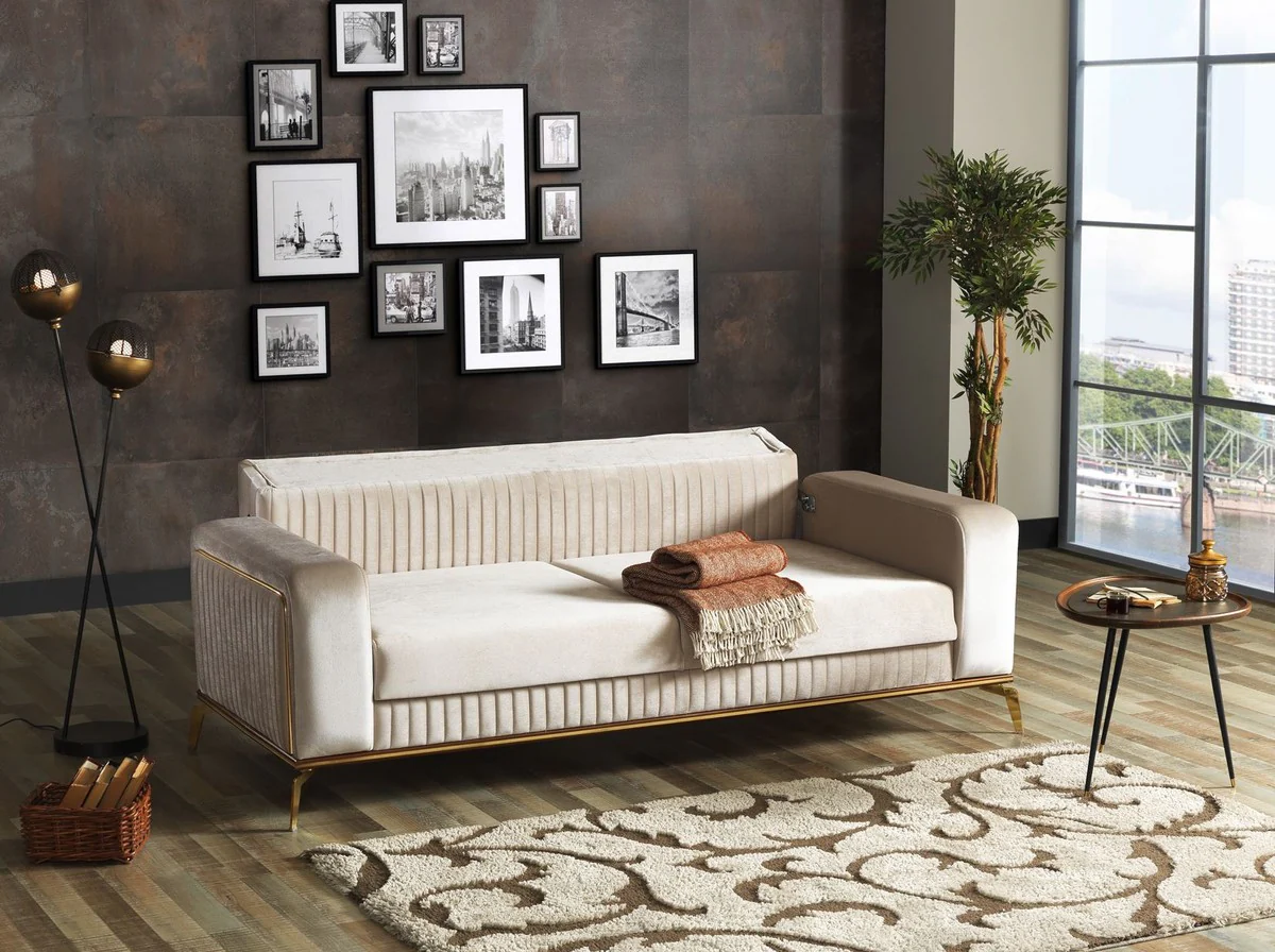 Luxus Schlafsofa Creme / Braun / Gold 225 x 92 x H. 83 cm - Wohnzimmer Sofa mit 3 Kissen - Luxus Wohnzimmer Möbel