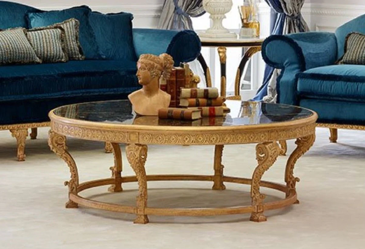 Luxus Barock Couchtisch mit Marmorplatte Naturfarben / Schwarz - Runder Wohnzimmertisch im Barockstil - Barock Möbel - Edel & Prunkvoll - Luxus Qualität - Made in Italy