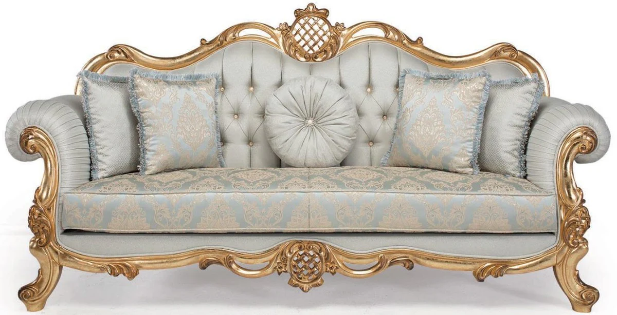 Luxus Barock Wohnzimmer Sofa mit dekorativen Kissen Hellblau / Türkis / Gold 222 x 82 x H. 120 cm - Barock Wohnzimmermöbel