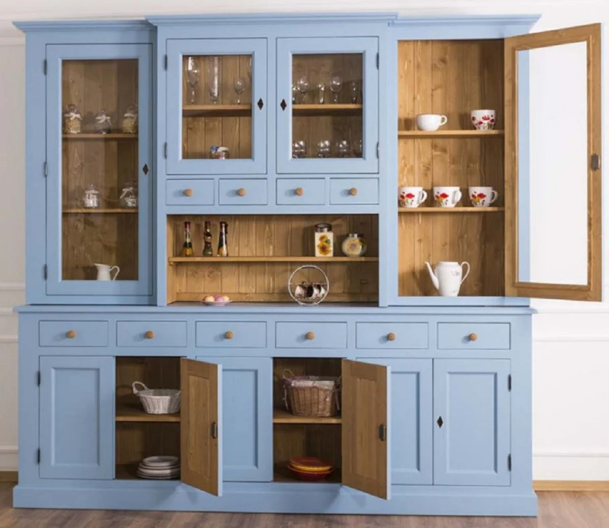 Landhausstil Esszimmerschrank Hellblau / Naturfarben 245 x 47 x H. 225 cm - Massivholz Küchenschrank - Esszimmer Möbel im Landhausstil - Landhausstil Esszimmer Einrichtung