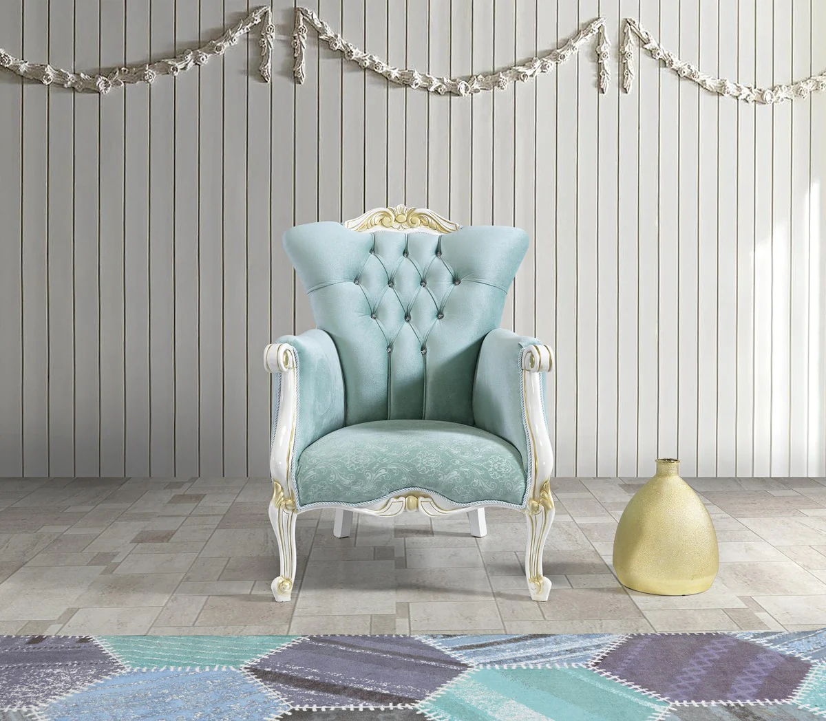 Barock Wohnzimmer Set Hellgrün / Weiß / Gold - 2 Sofas & 2 Sessel & 1 Couchtisch - Edle Wohnzimmer Möbel im Barockstil