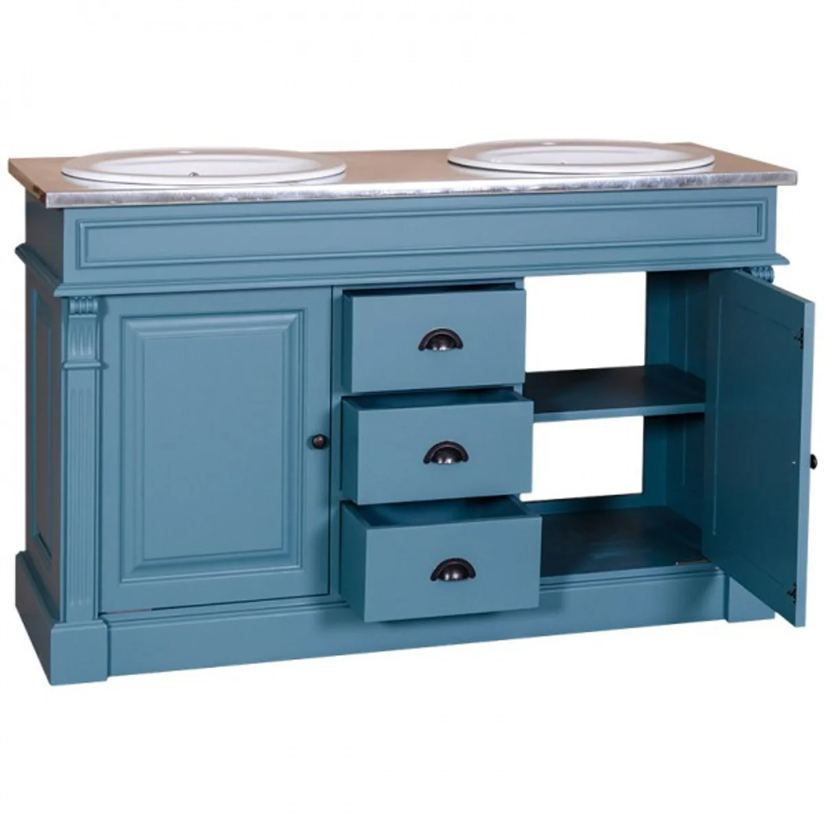 Landhaus Stil Waschschrank Waschtisch inkl 2 Waschbecken mit Schubladen und Schranktüren Nizza - Bad Schrank Massivholz