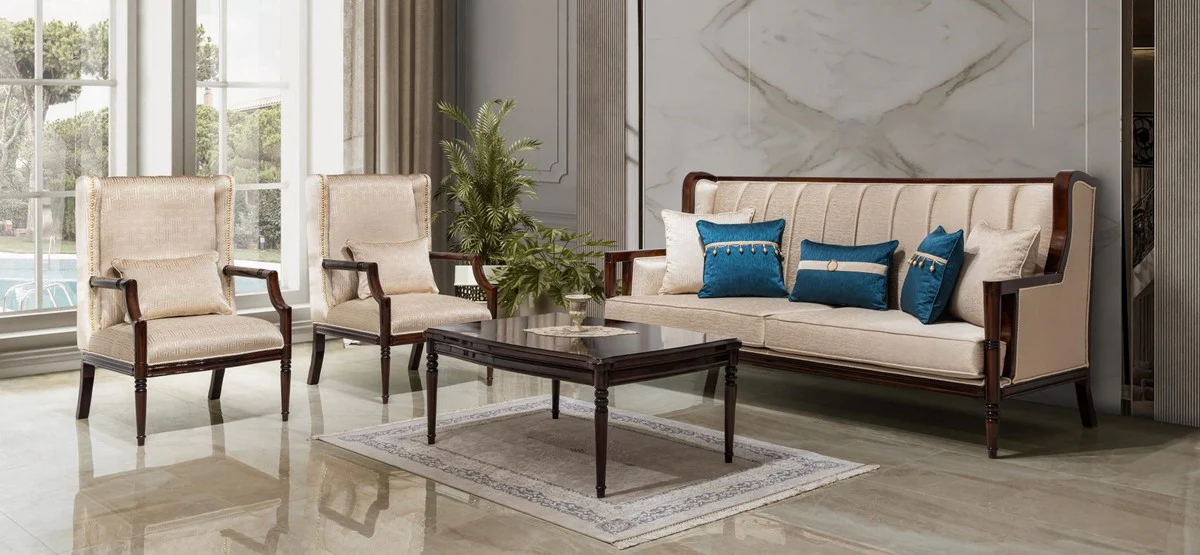 Luxus Barock Sofa Beige / Dunkelbraun 230 cm