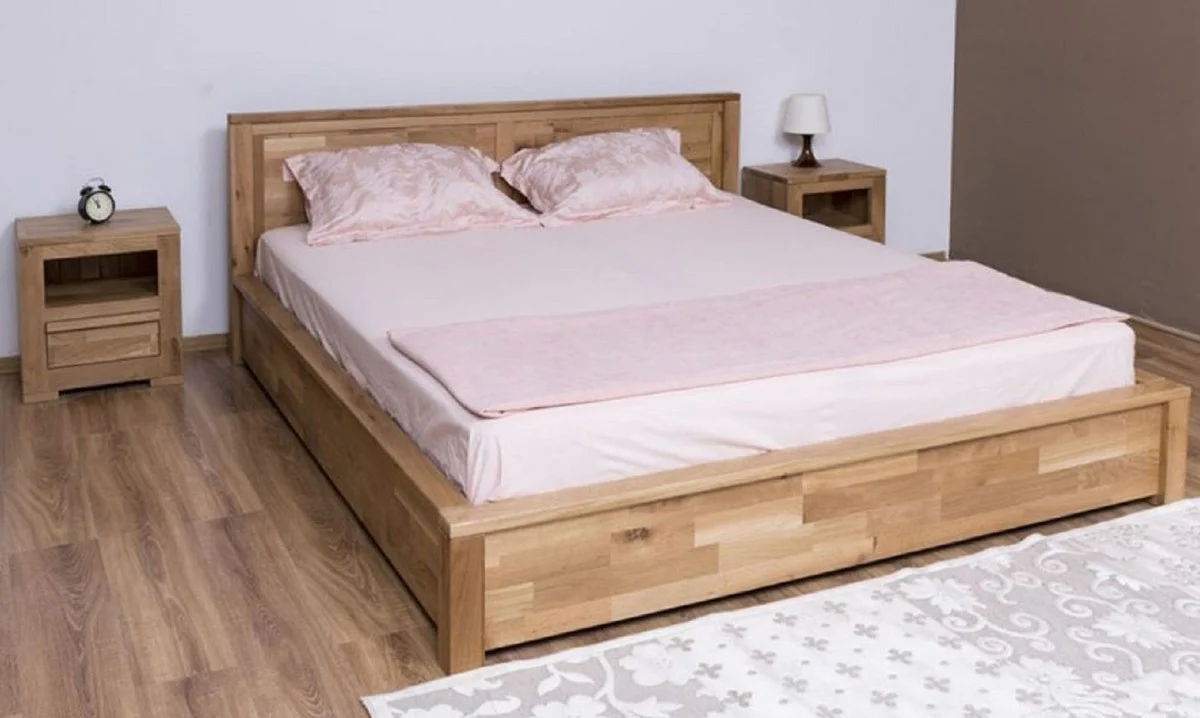 Landhausstil Massivholz Schlafzimmer Set Naturfarben - 1 Doppelbett & 2 Nachttische - Landhausstil Schlafzimmer Möbel