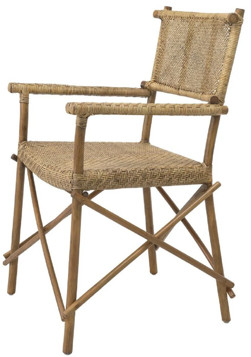 Luxus Esszimmerstuhl Naturfarben 58,5 x 55,5 x H. 91,5 cm - Massivholz Stuhl mit Armlehnen und handgewebtem Rattangeflecht - Luxus Esszimmer Möbel