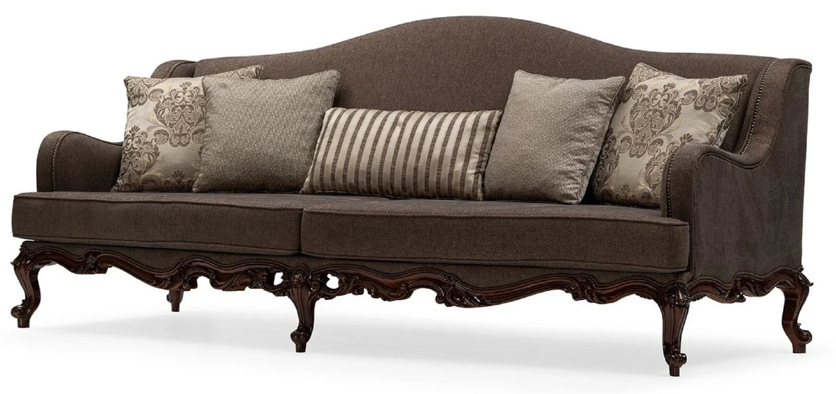 Luxus Barock Wohnzimmer Sofa Grau / Braun - Handgefertigtes Barockstil Sofa mit dekorativen Kissen - Luxus Wohnzimmer Möbel im Barockstil - Barock Möbel - Edel & Prunkvoll