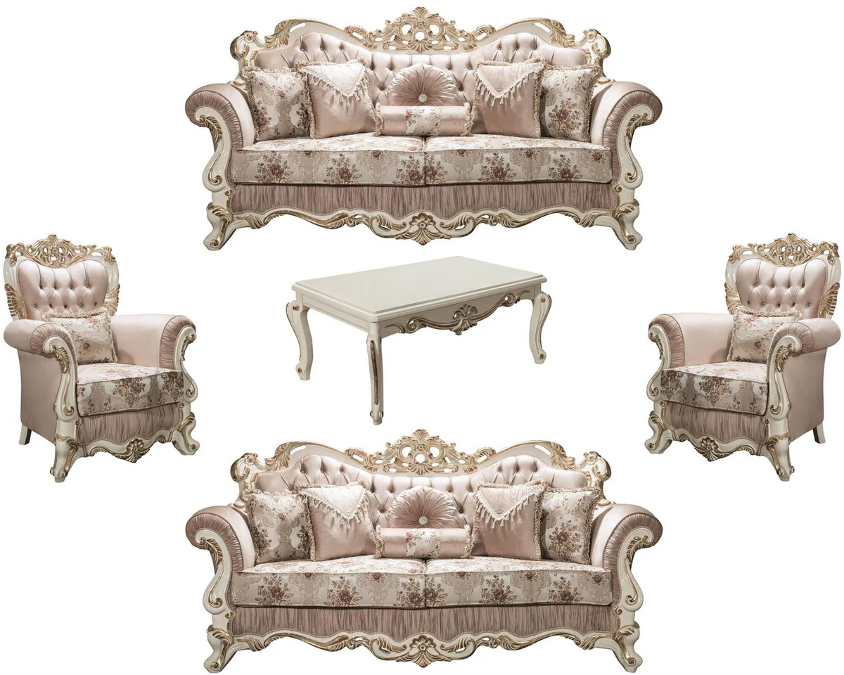 Luxus Barock Wohnzimmer Set Rosa / Weiß / Gold - 2 Sofas & 2 Sessel & 1 Couchtisch - Prunkvolle Möbel im Barockstil