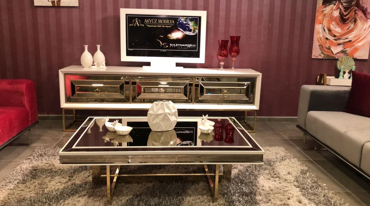 Luxus Couchtisch Weiß / Gold 120 x 80 x H. 43 cm - Wohnzimmertisch mit Glasplatte und Spiegelglas - Luxus Wohnzimmer Möbel