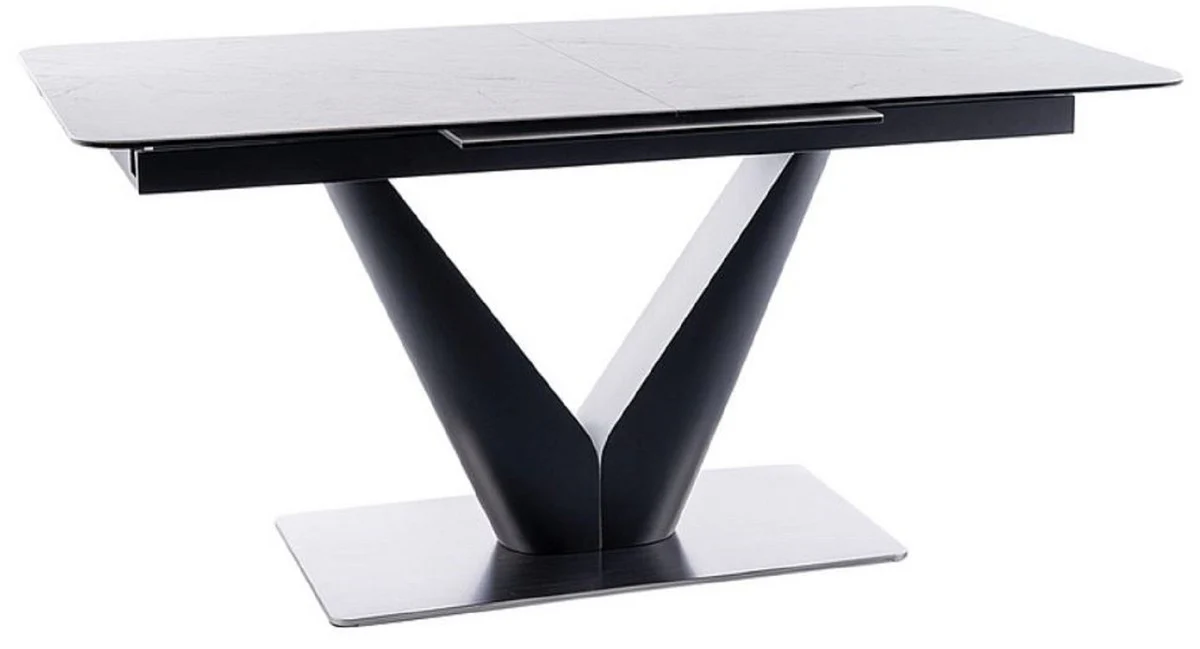 Luxus Esstisch mit gehärteter Glaskeramik Tischplatte in Marmoroptik Weiß / Matt Schwarz / Silber 160-220 x 90 x H. 76 cm - Ausziehbarer Küchentisch - Esszimmer Möbel - Luxus Möbel