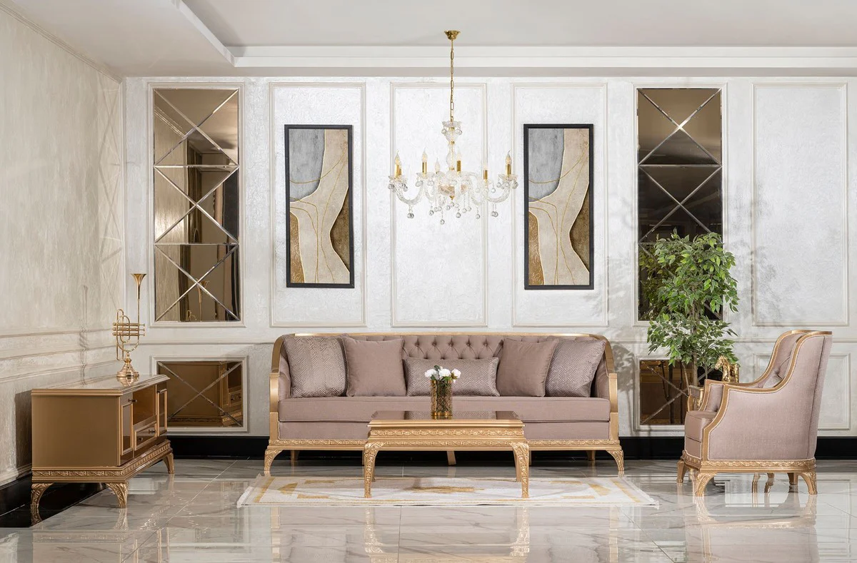 Luxus Barock Wohnzimmer Sofa Braun / Gold - Handgefertigtes Barockstil Sofa mit dekorativen Kissen - Luxus Wohnzimmer Möbel im Barockstil - Barock Möbel