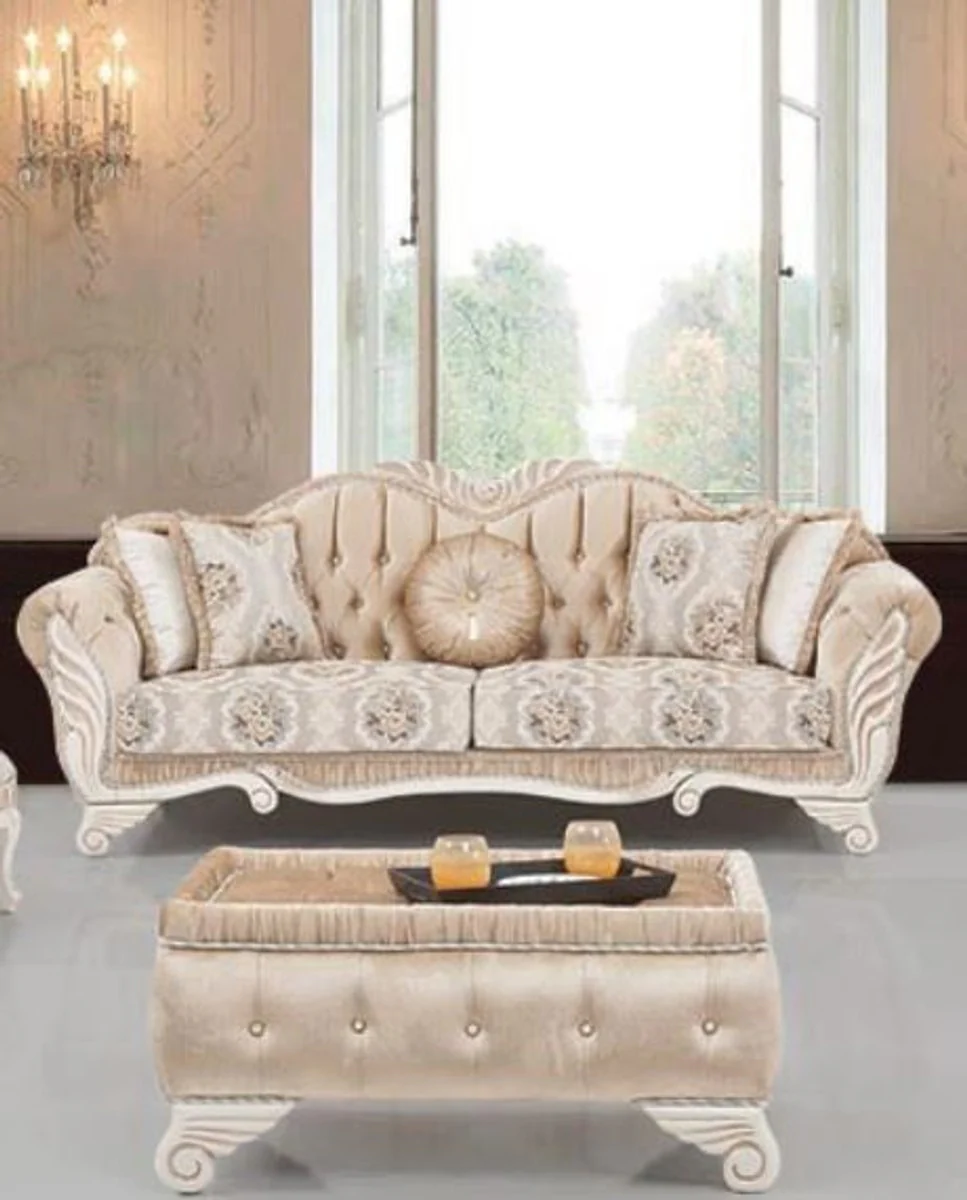 Luxus Barock Sofa Beige / Weiß 230 x 88 x H. 96 cm - Wohnzimmer Sofa mit Blumenmuster und dekorativen Kissen - Barock Möbel