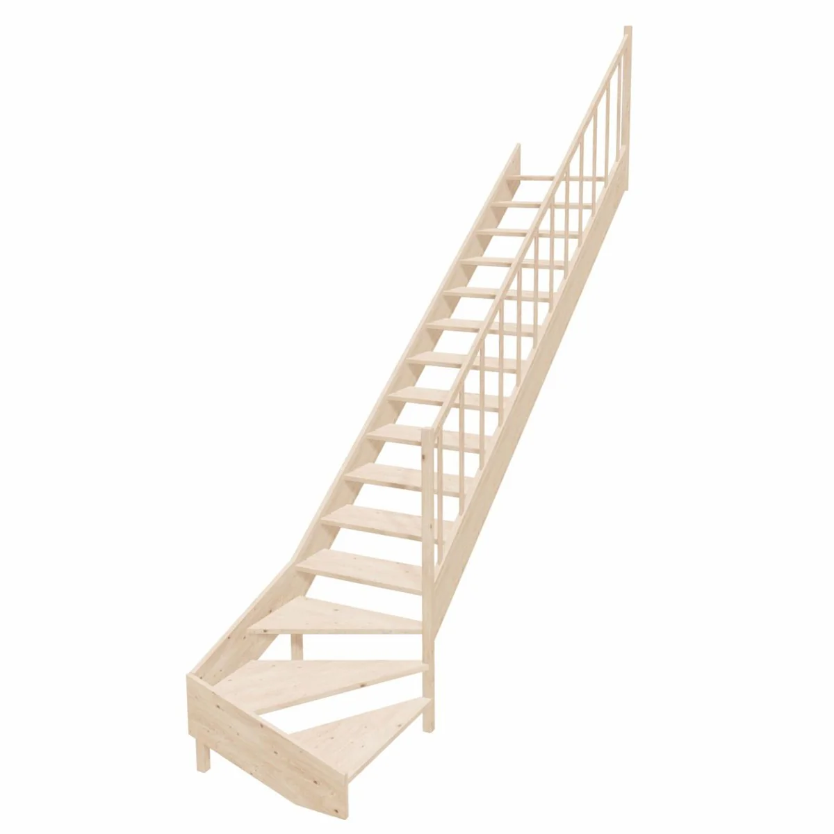 Luxus Eck-Holztreppe mit Geländer rechte Seite Naturfarben H. 364 cm