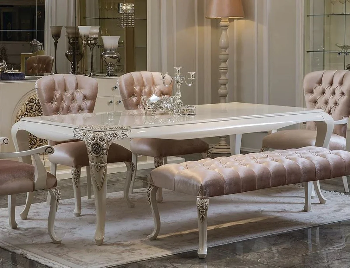 Luxus Barock Esstisch Weiß / Beige - Edler Massivholz Esszimmertisch - Prunkvolle Barock Esszimmer Möbel