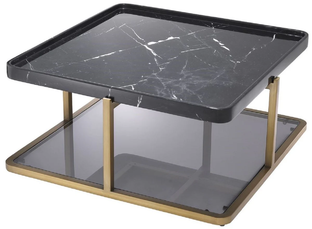 Luxus Couchtisch Messingfarben / Schwarz / Grau 58 x 58 x H. 27,5 cm - Moderner Edelstahl Wohnzimmertisch mit Marmorplatte und getönter Glasplatte - Luxus Möbel