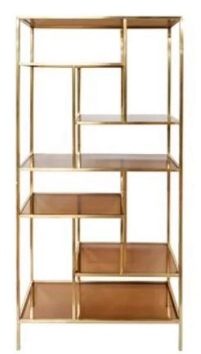 Luxus Regalschrank Gold / Braun 80 x 35 x H. 180 cm - Wohnzimmerschrank - Bücherschrank