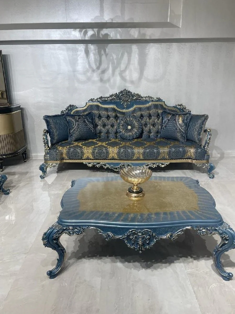 Luxus Barock Couchtisch Blau / Gold - Prunkvoller Wohnzimmertisch im Barockstil - Barockstil Wohnzimmer Möbel - Barock Einrichtung - Barock Möbel - Luxus Möbel im Barockstil