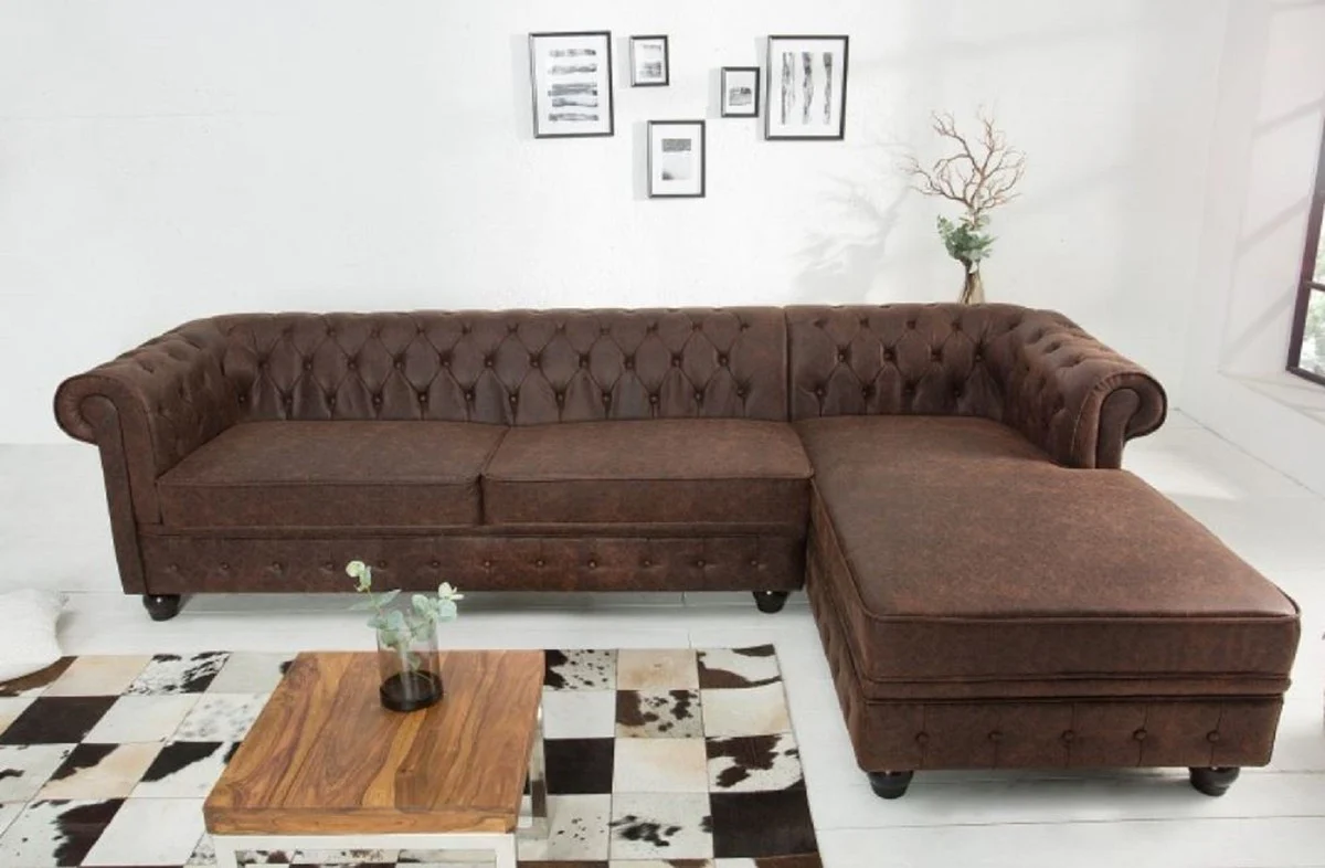 Chesterfield Ecksofa Vintage Braun 280 x 165 x H. 73 cm - Kunstleder Wohnzimmer Sofa - Chesterfield Möbel