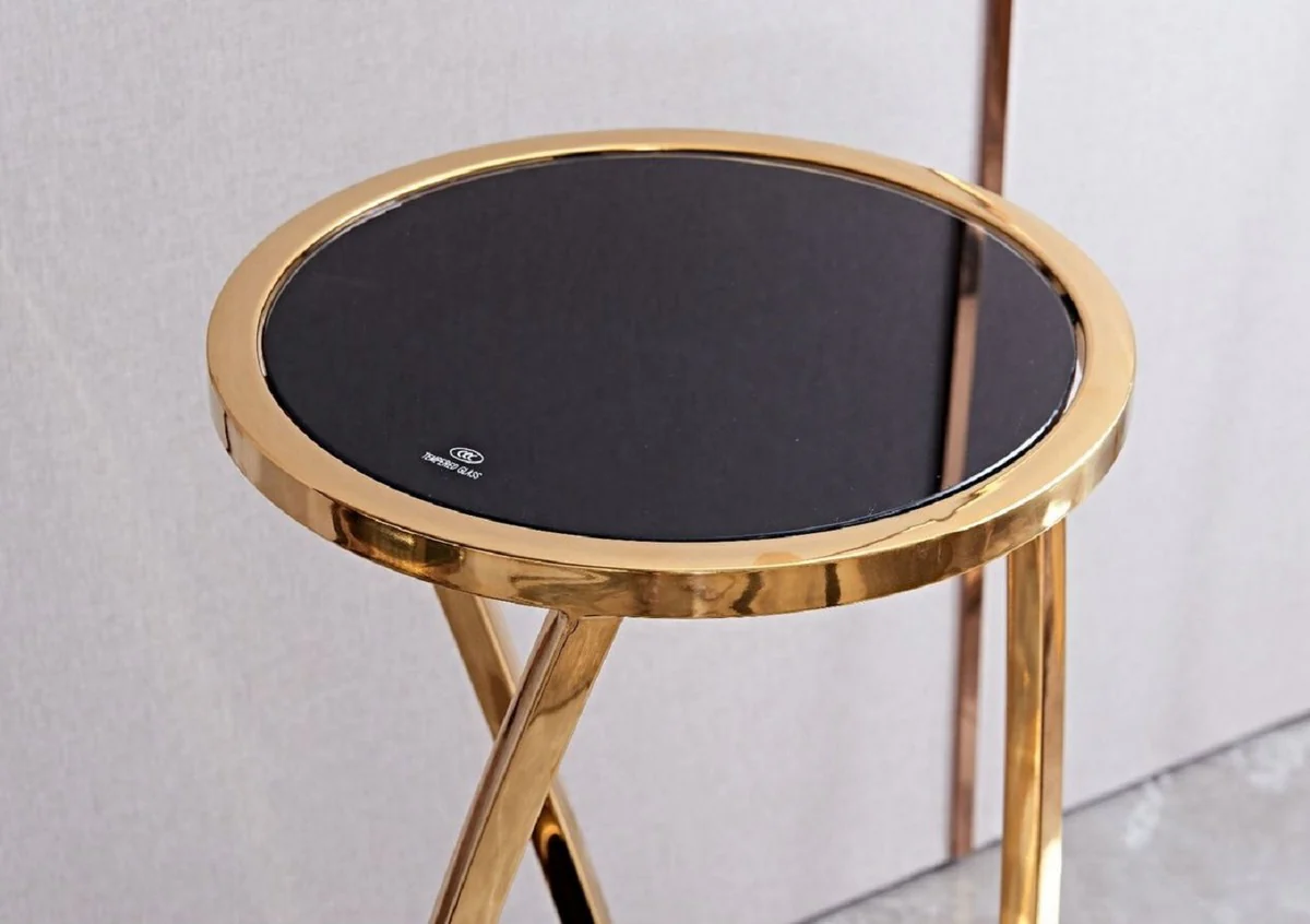 Luxus Beistelltisch Gold / Schwarz Ø 35 x H. 90 cm - Runder Edelstahl Blumentisch mit getönten Glasplatten - Wohnzimmer Möbel - Luxus Möbel