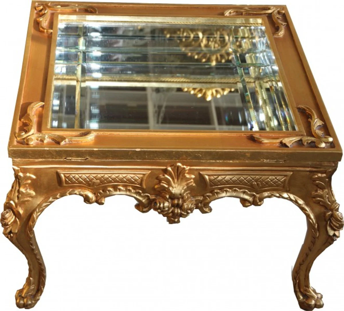 Prunkvoller Barock Couchtisch Gold verspiegelt mit aufklappbaren Glasdeckel 67 x 67 cm Unikat- Wohnzimmer Salon Tisch Möbel