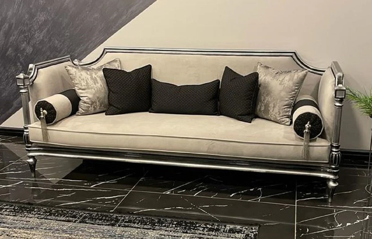Luxus Barock Sofa Cremefarben / Silber / Schwarz - Handgefertigtes Wohnzimmer Sofa im Barockstil - Barock Wohnzimmer Möbel