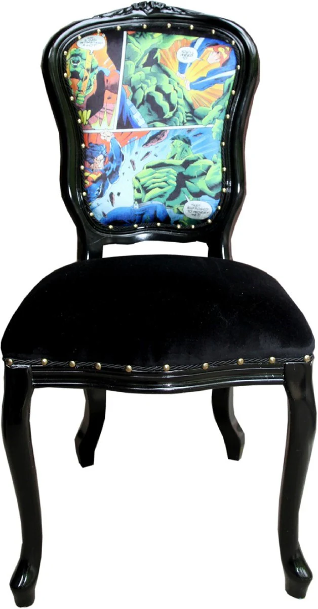 Luxus Barock Esszimmer Set Comic Mehrfarbig / Schwarz 55 x 54 x H. 103 cm - 4 handgefertigte Esszimmerstühle - Designer Stühle - Barock Esszimmermöbel
