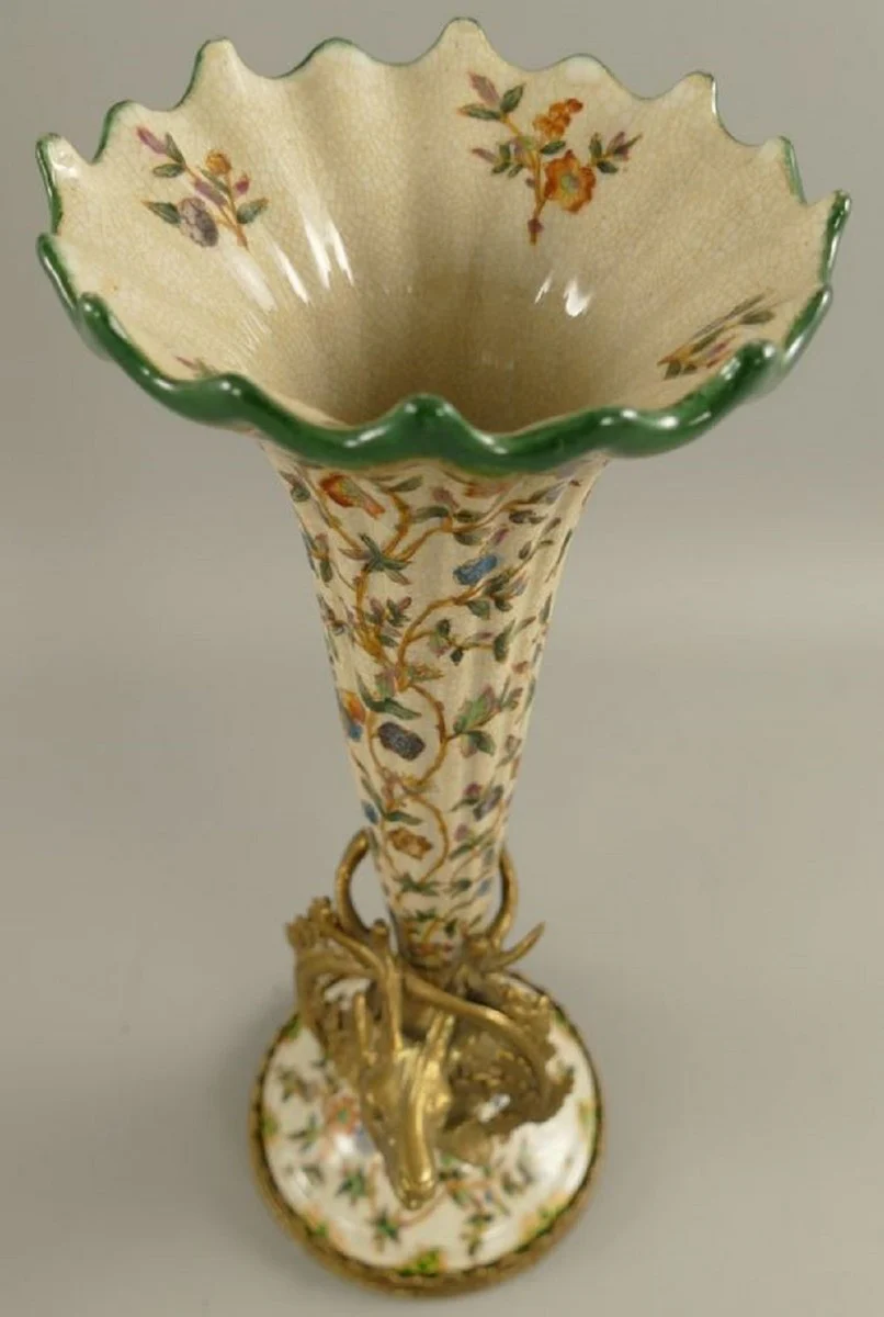 Jugendstil Porzellan Vasen Set Creme / Mehrfarbig / Messing Ø 12 x H. 34 cm - Barock & Jugendstil Deko Accessoires