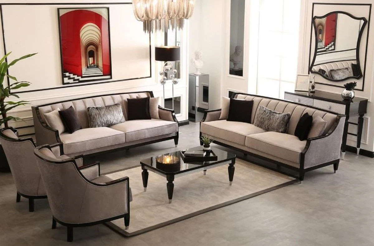 Luxus Barock Wohnzimmer Set Grau / Schwarz / Silber - 2 Barock Sofas & 2 Barock Sessel & 1 Barock Couchtisch - Handgefertigte Wohnzimmer Möbel im Barockstil - Edel & Prunkvoll