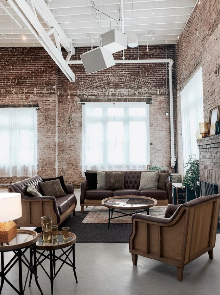 Luxus Chesterfield Kunstleder Sofa Dunkelbraun / Naturfarben 194,5 x 85 x H. 85 cm - Wohnzimmer Sofa - Wohnzimmer Möbel - Chesterfield Möbel - Luxus Möbel - Luxus Einrichtung