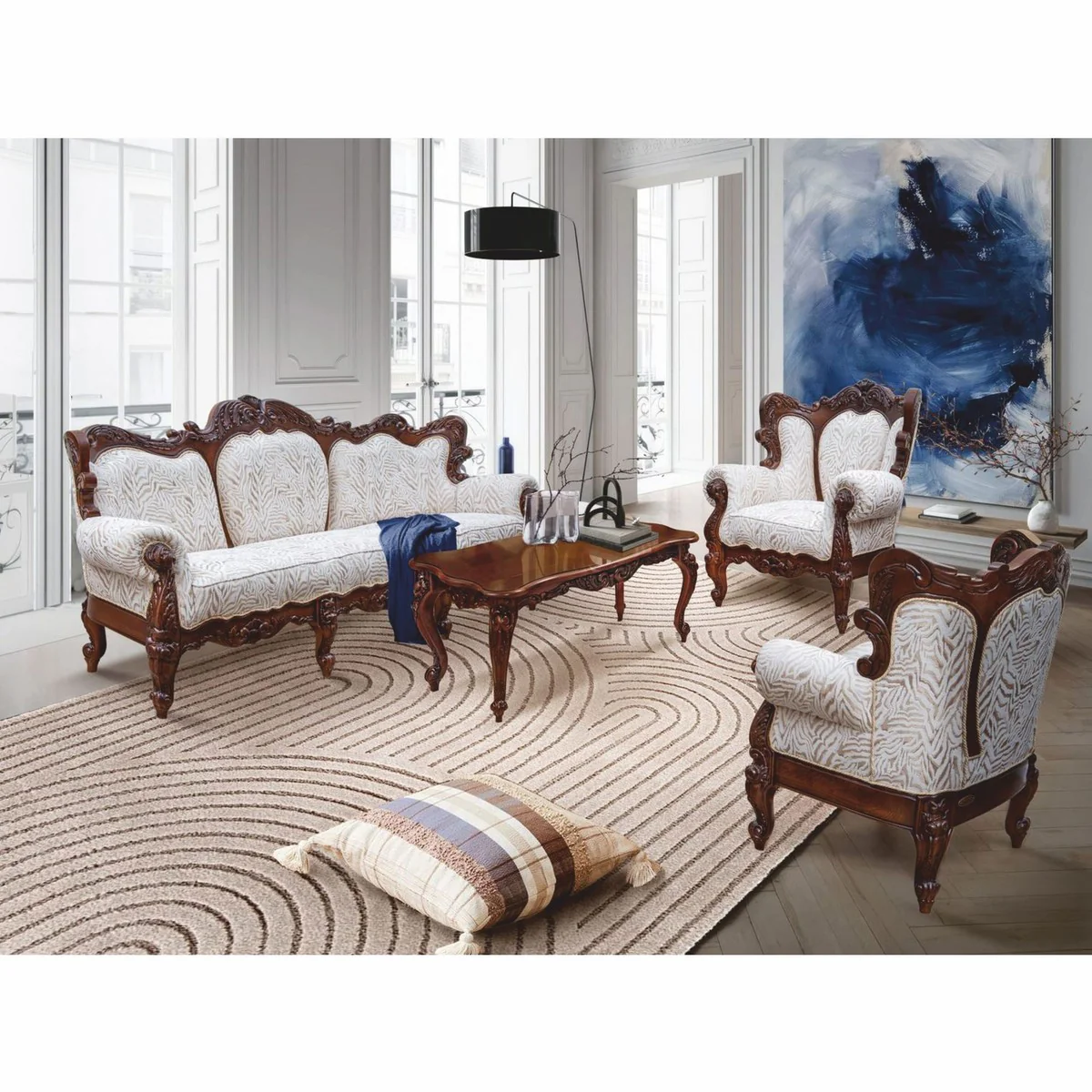 Luxus Barock Wohnzimmer Sofa Weiß / Dunkelbraun 240 cm - Barock Möbel