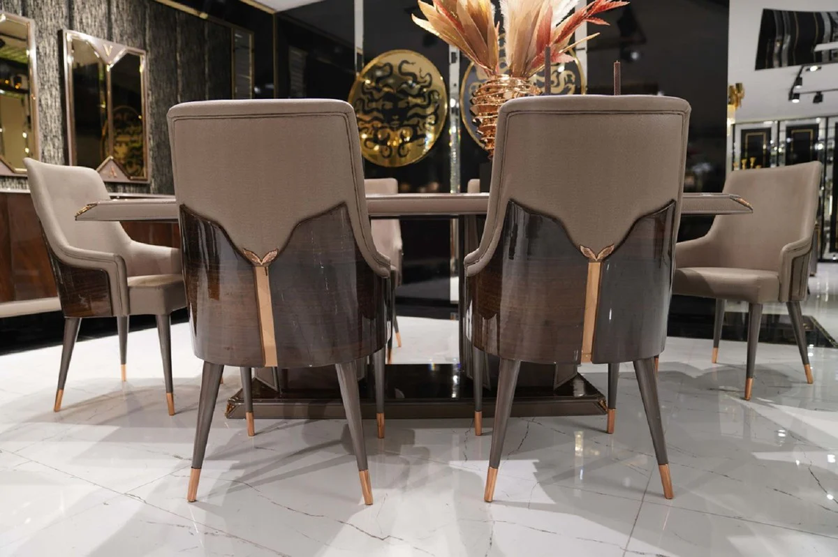 Luxus Esstisch Dunkelbraun / Grau / Kupfer 226 x 112 x H. 70 cm - Rechteckiger Massivholz Küchentisch - Esszimmer Möbel - Luxus Möbel