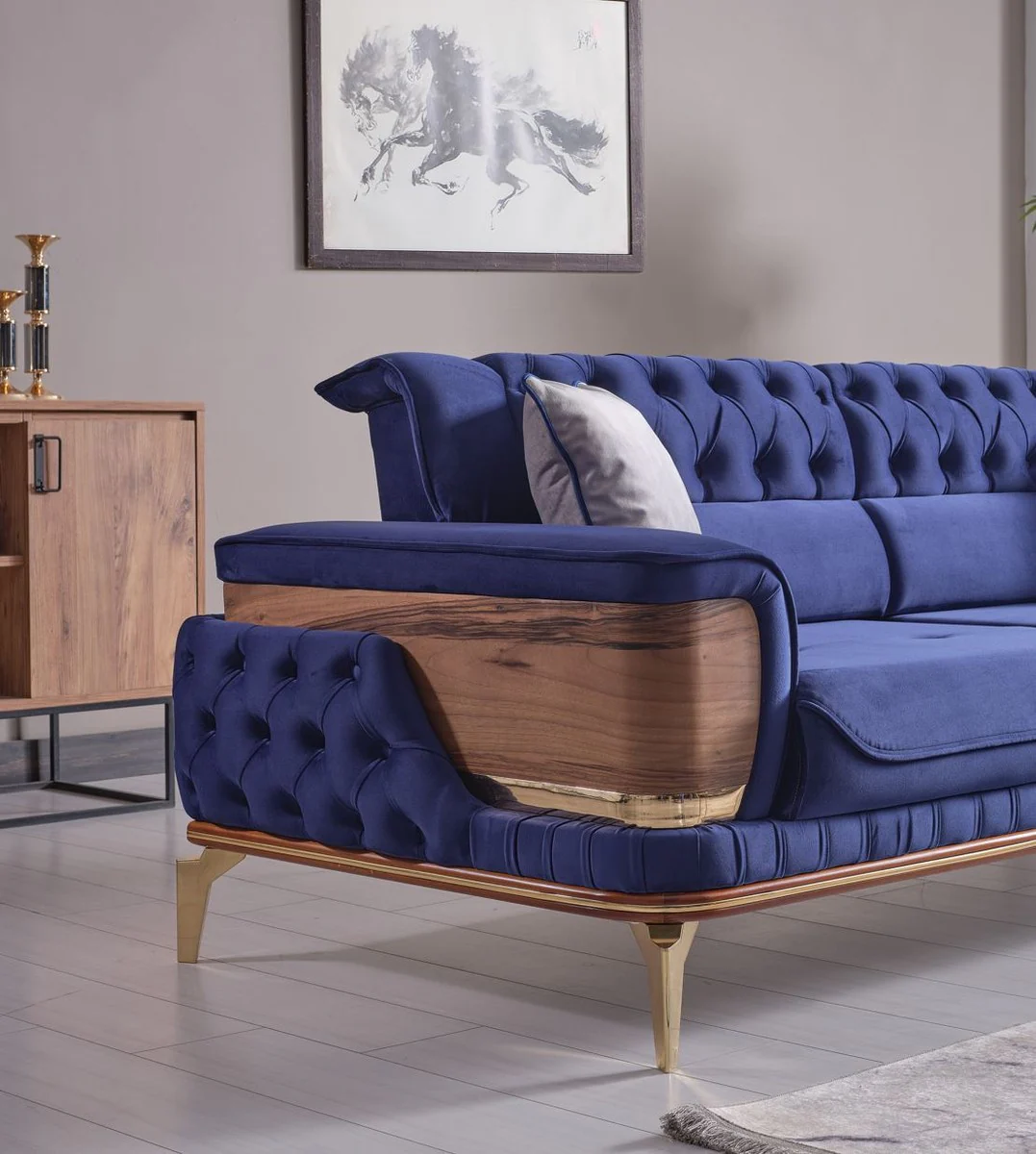 Luxus Schlafsofa Blau / Braun / Gold 232 x 92 x H. 85 cm - Wohnzimmer Sofa mit 2 Kissen - Luxus Wohnzimmer Möbel
