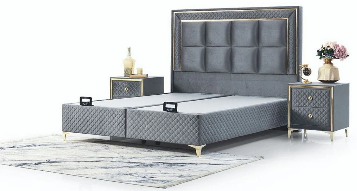 Luxus Doppelbett Grau / Gold - Modernes Massivholz Bett - Moderne Schlafzimmer & Hotel Möbel - Luxus Kollektion