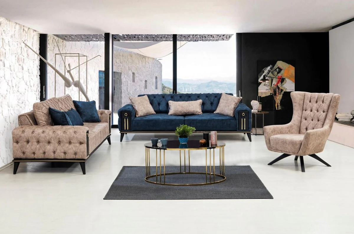 Luxus Chesterfield Schlafsofa Beige / Schwarz / Gold 220 x 90 x H. 80 cm - Modernes Wohnzimmer Sofa - Chesterfield Wohnzimmer Möbel