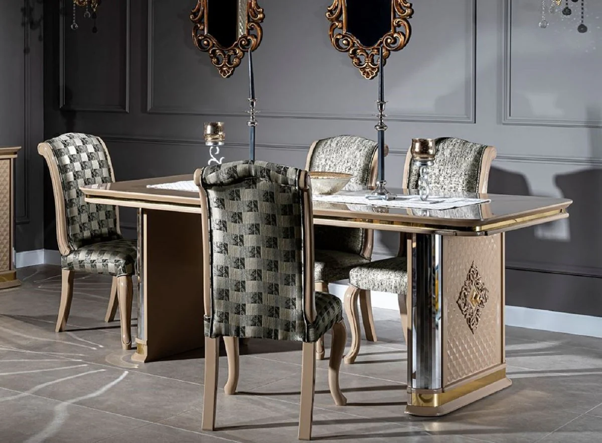 Luxus Art Deco Esszimmer Set Beige / Gold - 1 Esstisch & 6 Esszimmerstühle - Handgefertigte Art Deco Esszimmer Möbel