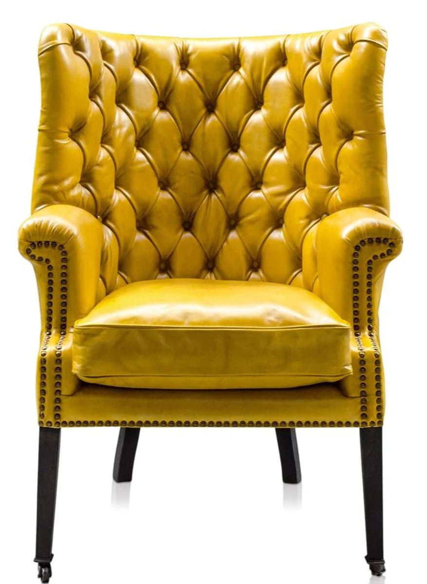 Luxus Echtleder Sessel Gelb / Schwarz 84 x 85 x H. 112 cm - Luxus Hotel Möbel