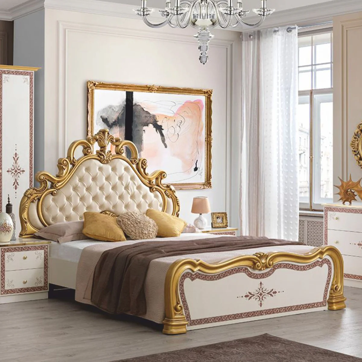 Luxus Barock Doppelbett Creme / Weiß / Braun / Gold - Barockstil Schlafzimmer Möbel