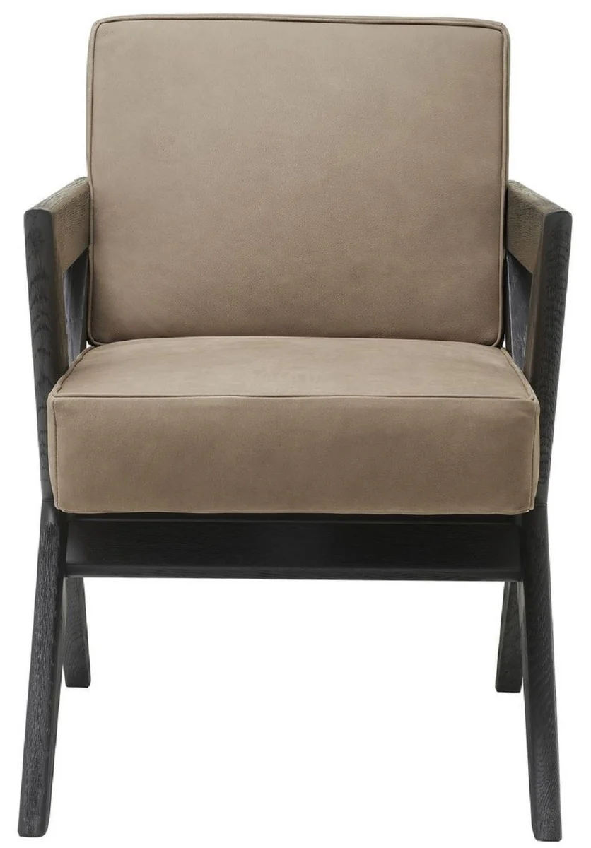 Luxus Echtleder Esszimmerstuhl mit Armlehnen Beige / Schwarz 59 x 74 x H. 88 cm - Küchenstuhl mit edlem Nubuk Büffelleder - Luxus Esszimmer Möbel