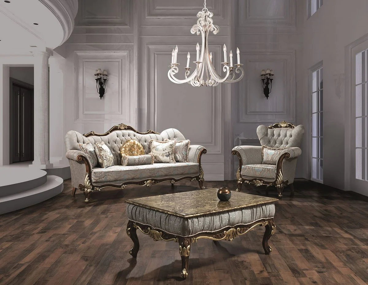 Luxus Barock Wohnzimmer Sofa mit Glitzersteinen und dekorativen Kissen Silbergrau / Braun / Gold 230 x 85 x H. 120 cm - Barock Möbel