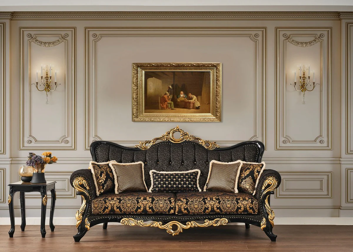Luxus Barock Beistelltisch Braun / Schwarz / Gold 46 x 44 x H. 60 cm - Prunkvoller Massivholz Tisch mit Tischplatte in Marmoroptik - Barock Wohnzimmer Möbel