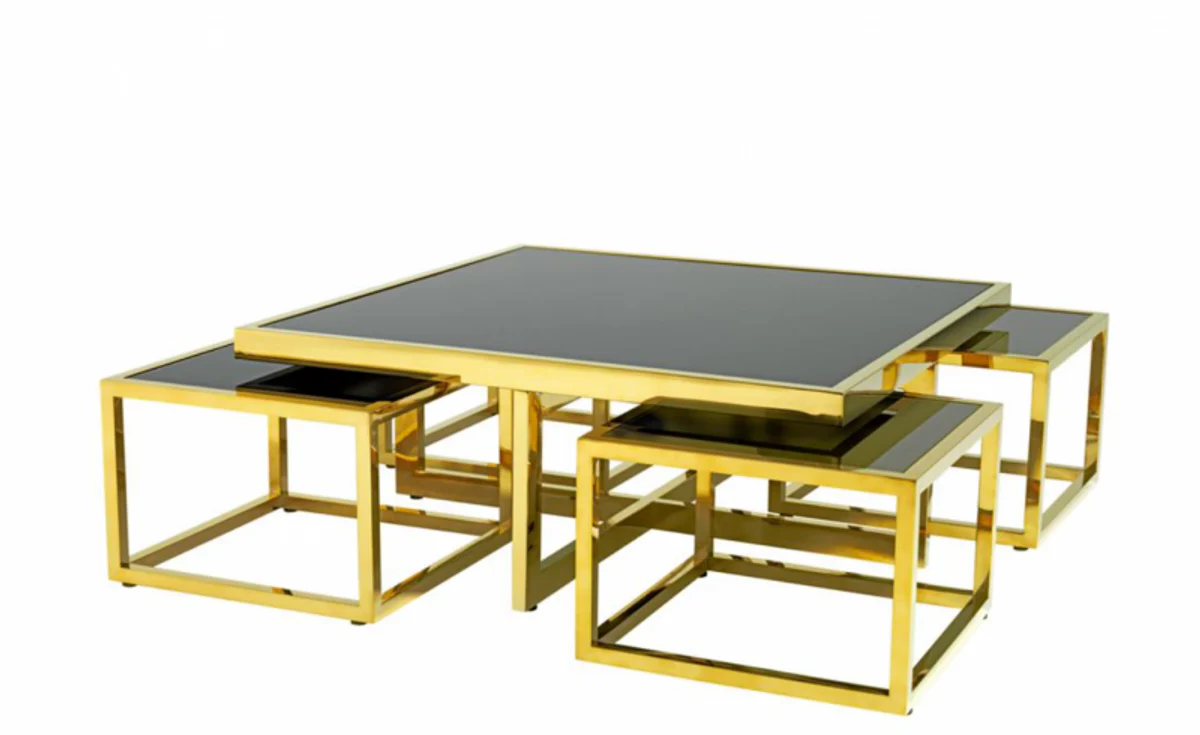 Luxus Art Deco Designer Couchtisch 5er Set Gold mit schwarzem Glas - Wohnzimmer Salon Tisch - Luxus Qualität