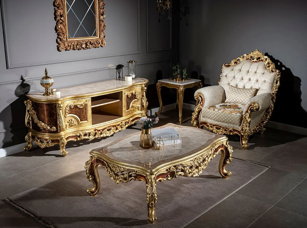 Luxus Barock Beistelltisch Creme / Beige / Gold - Handgefertigter Tisch im Barockstil - Barock Wohnzimmer Möbel - Edel & Prunkvoll