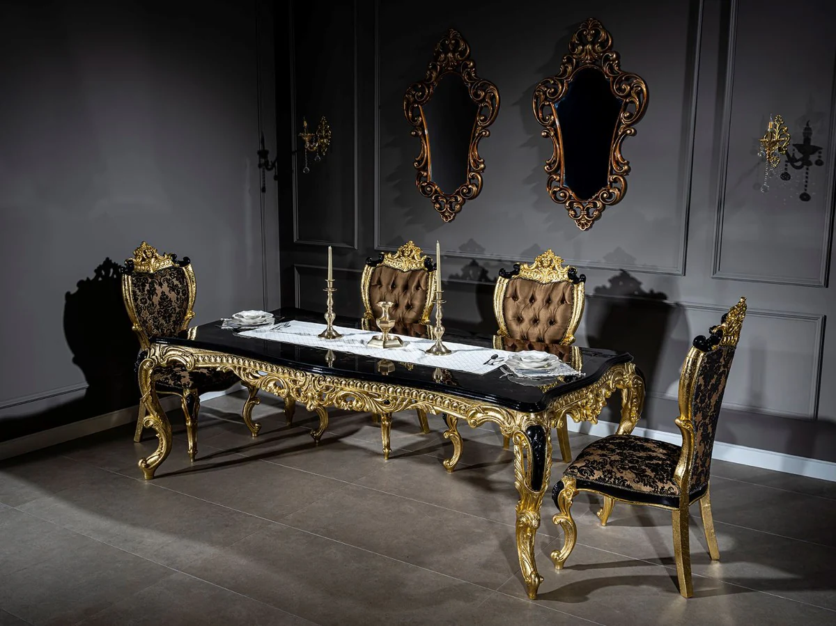 Luxus Barock Esszimmer Stuhl Set mit elegantem Muster Braun / Schwarz / Gold 60 x 65 x H. 120 cm - Küchen Stühle 6er Set im Barockstil - Barock Esszimmer Möbel