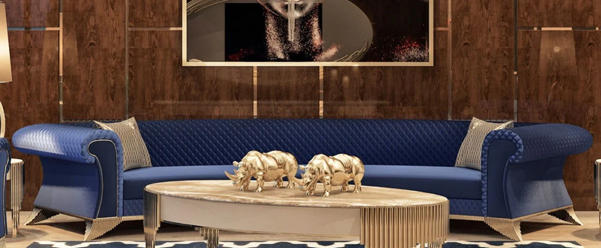 Luxus Art Deco Sofa Blau / Gold - Gebogenes Wohnzimmer Sofa - Hotel Sofa - Luxus Art Deco Wohnzimmer & Hotel Möbel