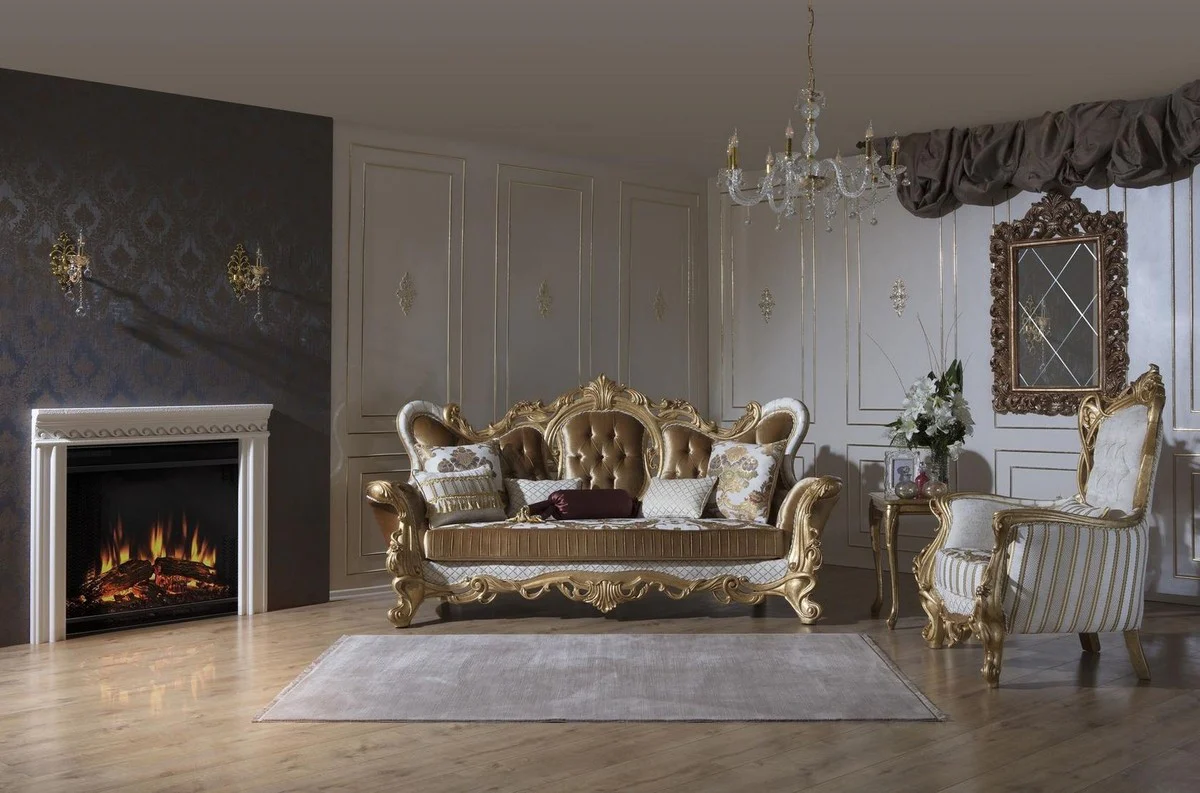 Luxus Barock Wohnzimmer Set Gold / Weiß / Grau / Gold - 2 Sofas & 2 Sessel & 1 Couchtisch - Barock Wohnzimmer Möbel - Edel & Prunkvoll