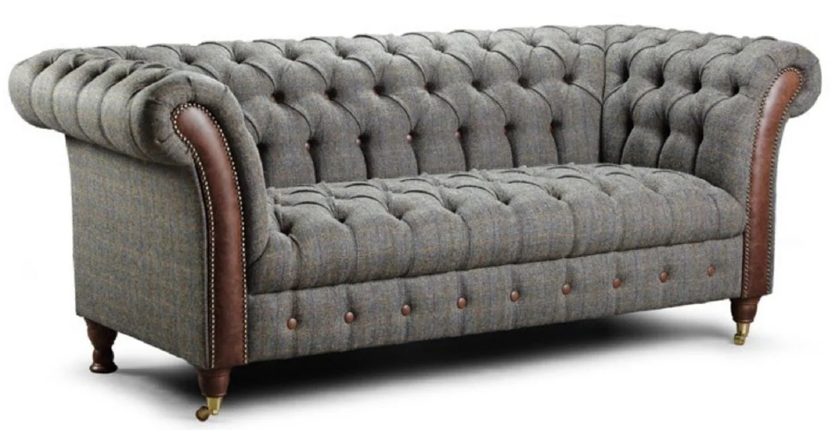 Luxus Chesterfield 2er Sofa Grau / Dunkelbraun 200 x 95 x H. 85 cm - Wohnzimmer Sofa mit Echtleder - Chesterfield Wohnzimmer Möbel