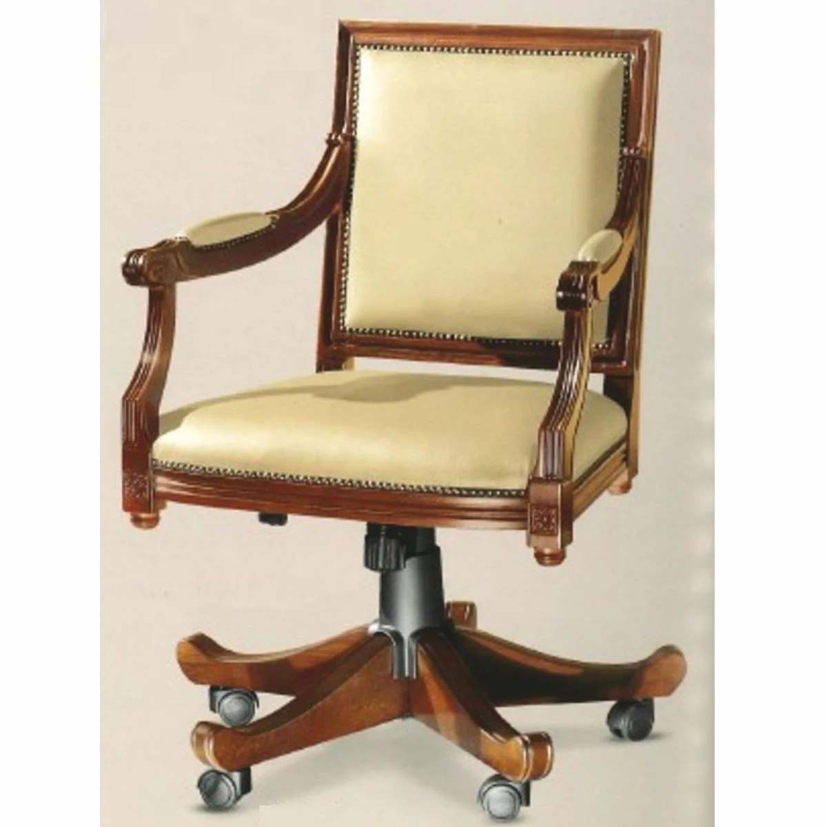 Luxus Barock Leder Schreibtischstuhl Beige / Braun - Made in Italy