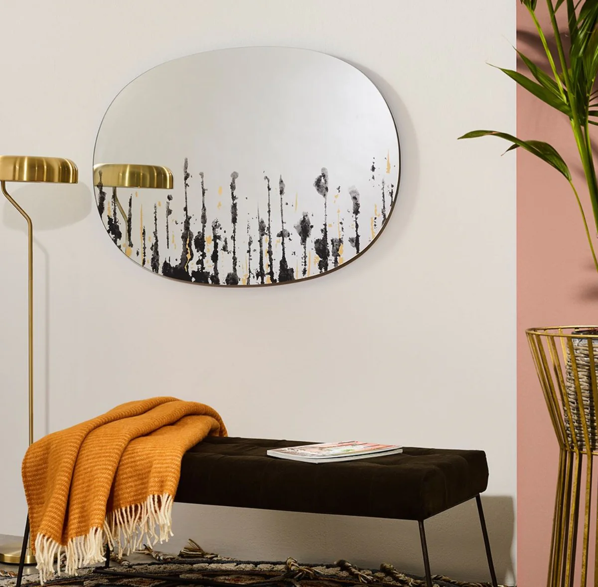 Designer Wandspiegel Schwarz / Gold 76 x H. 110 cm - Luxus Wohnzimmer Spiegel